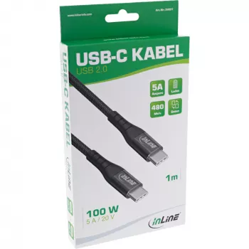 InLine USB 2.0 kabelis, USB-C vyriška/vyriška jungtis, 100W greitojo įkrovimo kabelis, 2m