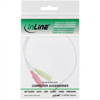 InLine Audio ausinių adapterio laidas 3,5 mm kištukas 4 kontaktų / 2x 3,5 mm, baltas, 0,15 m