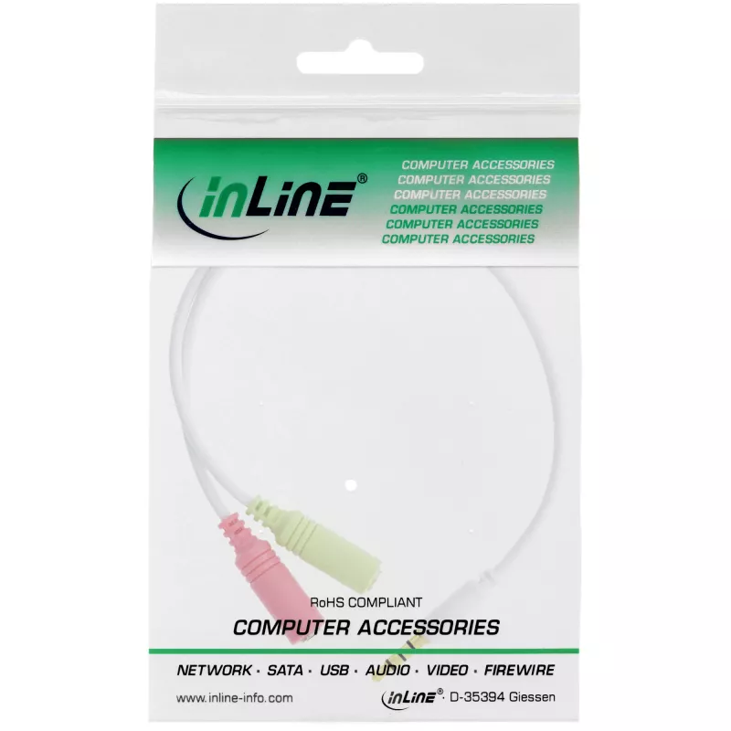 InLine Audio ausinių adapterio laidas 3,5 mm kištukas 4 kontaktų / 2x 3,5 mm, baltas, 0,15 m