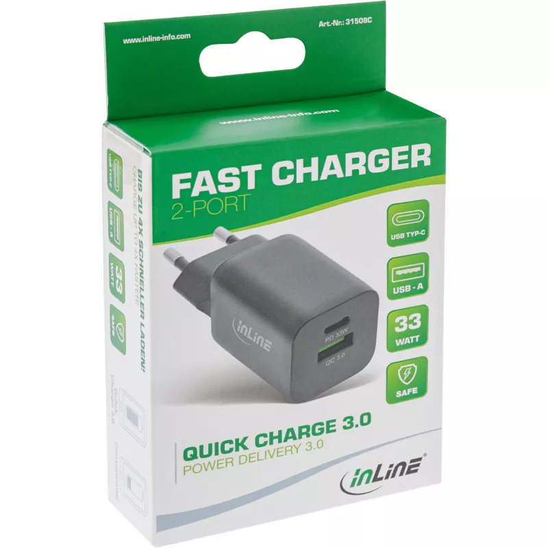 InLine USB maitinimo šaltinis, įkroviklis, USB-A + USB Type-C, 33 W, PD + QC