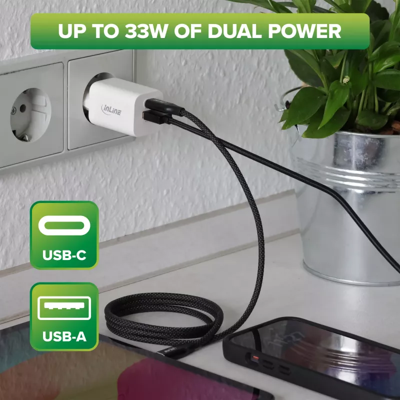 InLine USB maitinimo šaltinis, įkroviklis, USB-A + USB Type-C, 33 W, PD + QC