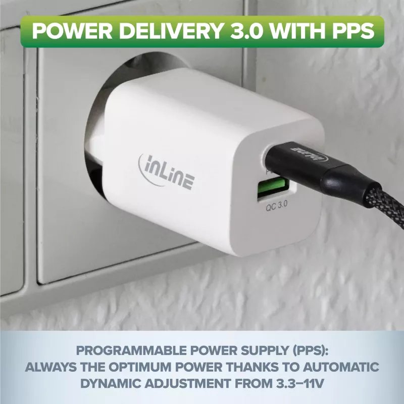 InLine USB maitinimo šaltinis, įkroviklis, USB-A + USB Type-C, 33 W, PD + QC