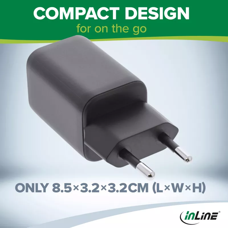 InLine USB maitinimo šaltinis, įkroviklis, USB-A + USB Type-C, 33 W, PD + QC