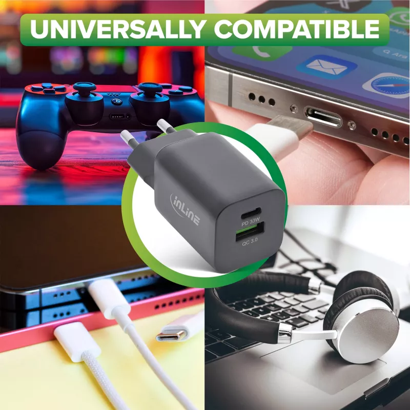 InLine USB maitinimo šaltinis, įkroviklis, USB-A + USB Type-C, 33 W, PD + QC