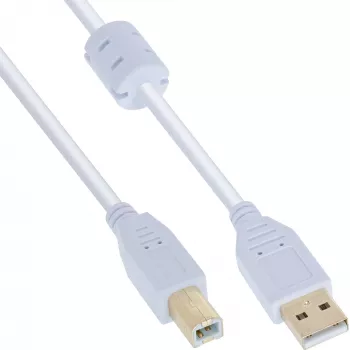 InLine USB 2.0 laidas A tipo kištukas / B tipo kištukas, paauksuoti kontaktai, su feritu, baltas, 0,5 m