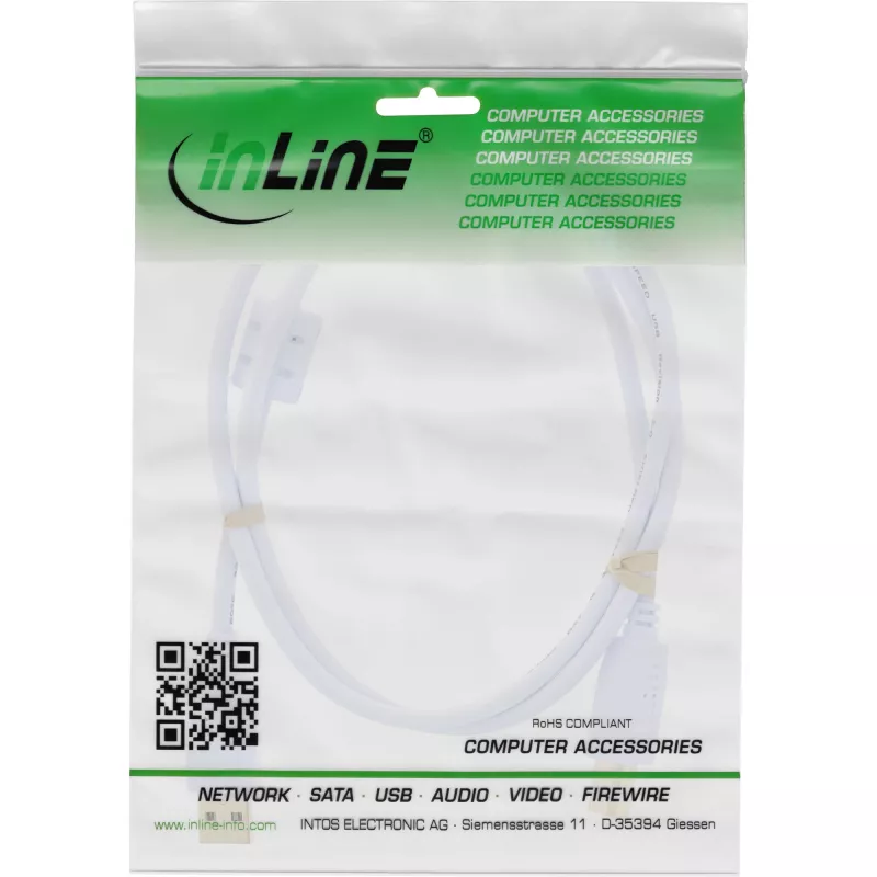 InLine USB 2.0 laidas A tipo kištukas / B tipo kištukas, paauksuoti kontaktai, su feritu, baltas, 0,5 m