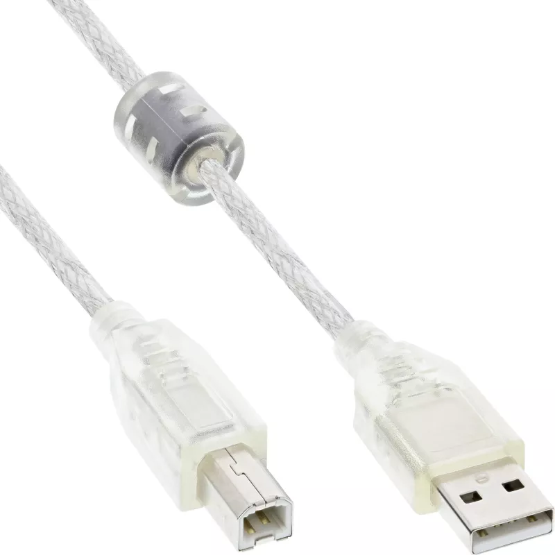InLine USB 2.0 laidas, A tipo kištukas / B tipo kištukas, permatomas, feritinis šerdis, 5 m