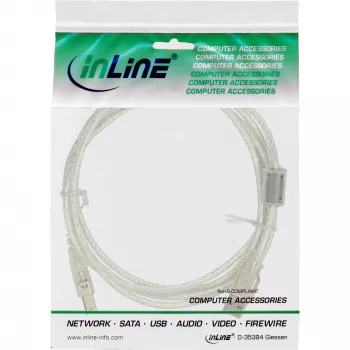 InLine USB 2.0 laidas, A tipo kištukas / B tipo kištukas, permatomas, feritinis šerdis, 5 m