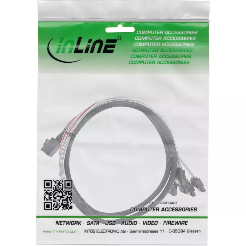 InLine Mini SAS HD kabelis SFF-8643 į 4x SATA + šoninis kanalas 1m