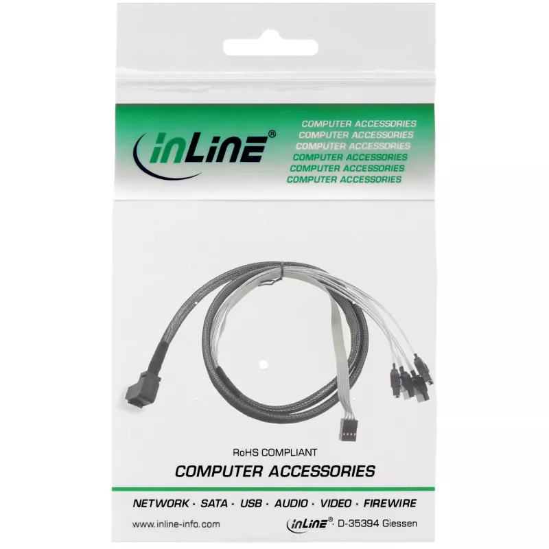 InLine Mini SAS HD laidas SFF-8643 kampuotas į 4x SATA + šoninė juosta 0,5 m