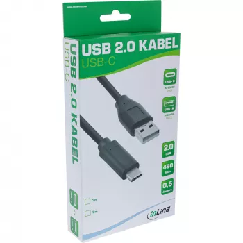 InLine USB 2.0 kabelis, USB-C kištukas / USB-A kištukas, juodas, 5 m