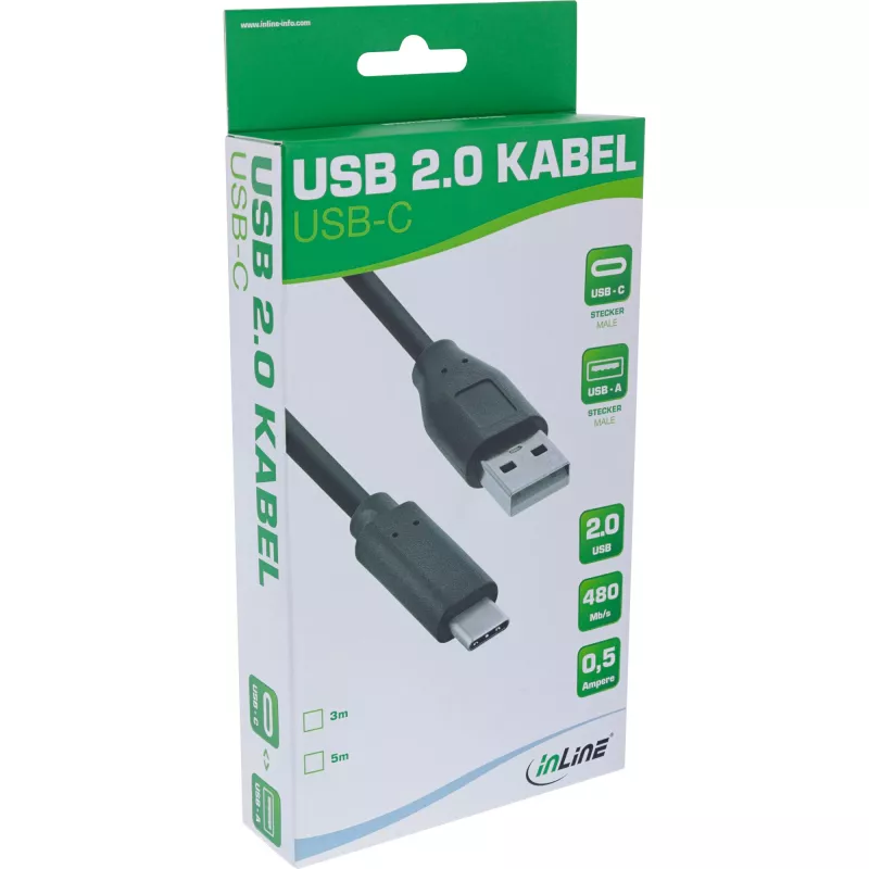 InLine USB 2.0 laidas, USB-C kištukas / USB-A kištukas, juodas, 3 m