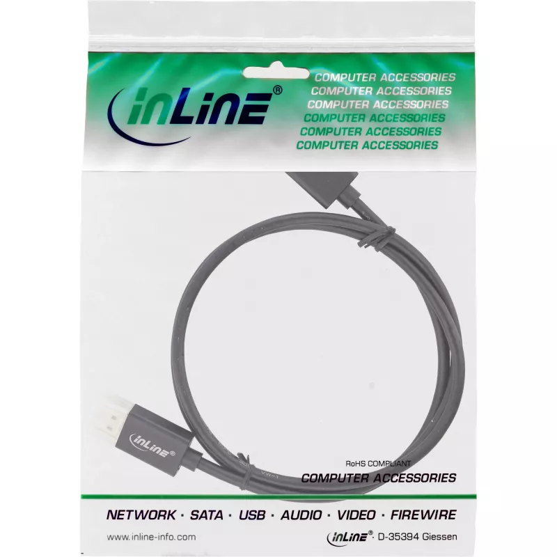 InLine DisplayPort 1.4 kabelis plonas, 8K4K, juodas, auksuoti kontaktai, 0,5 m