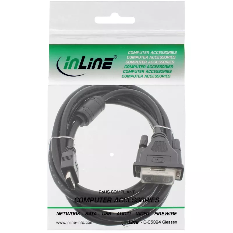 InLine HDMI-DVI laidas 19 kontaktų kištukas / 18+1 kištukas + feritinis droselis juodas 1 m