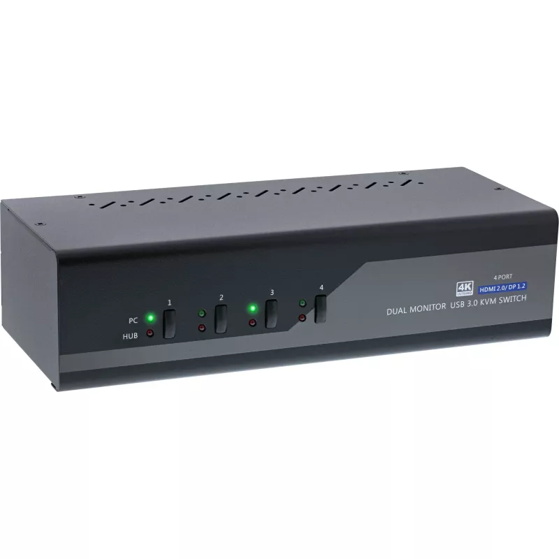 KVM Desktop Switch InLine 62644I 4 prievadų dviejų monitorių DP+HDMI 4K USB 3.0 garsas