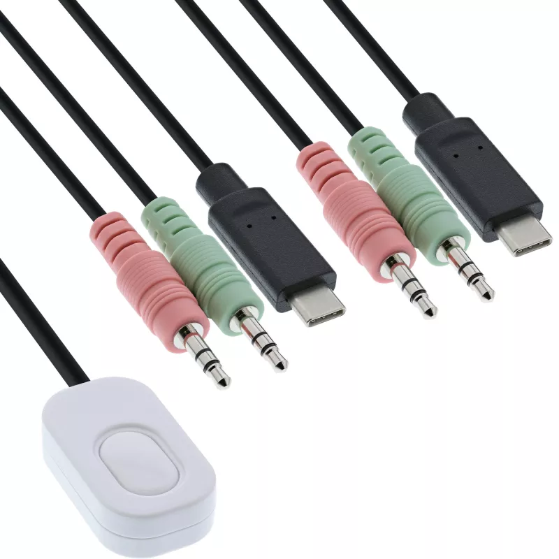 InLine KVM jungiklis, 2 prievadų, USB-C į DisplayPort 1.2, 4K, garsinis, integruotas kabelis