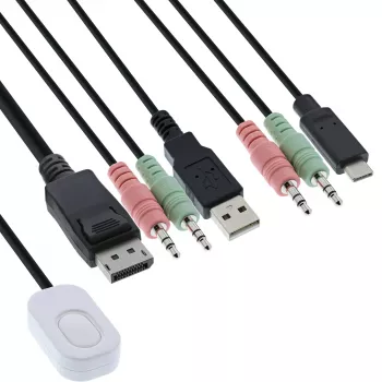 InLine KVM jungiklis, 2 prievadų, USB-C+DP į DisplayPort, 4K, garsas, integruotas kabelis
