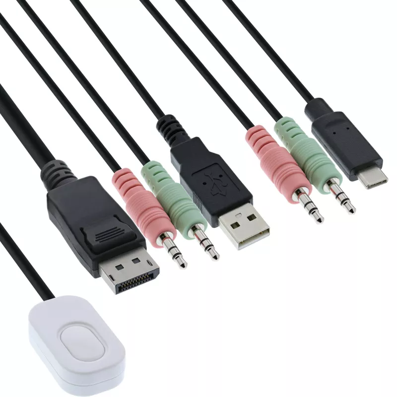 InLine KVM jungiklis, 2 prievadų, USB-C+DP į DisplayPort, 4K, garsas, integruotas kabelis