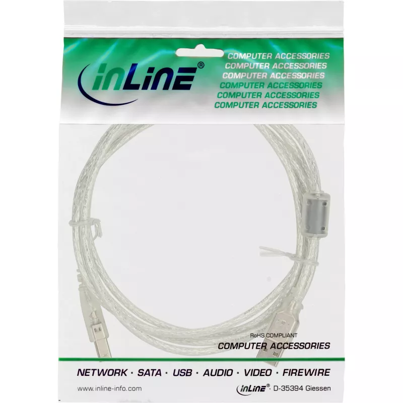 InLine USB 2.0 laidas A tipo kištukas / B tipo kištukas permatomas, feritinis filtras, 0,3 m