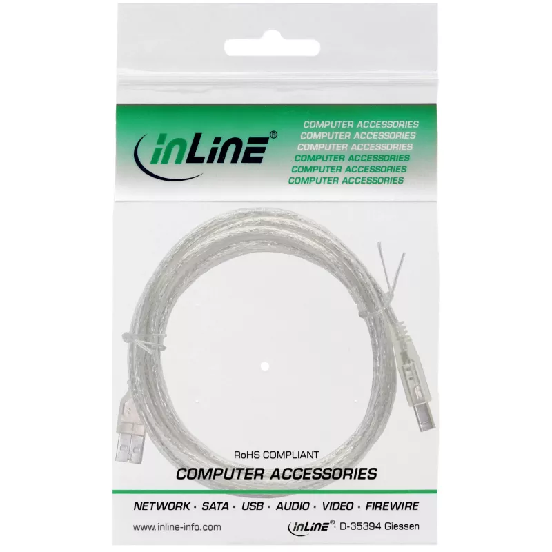 InLine USB 2.0 laidas, A tipo kištukas / B tipo kištukas, permatomas, 0,3 m