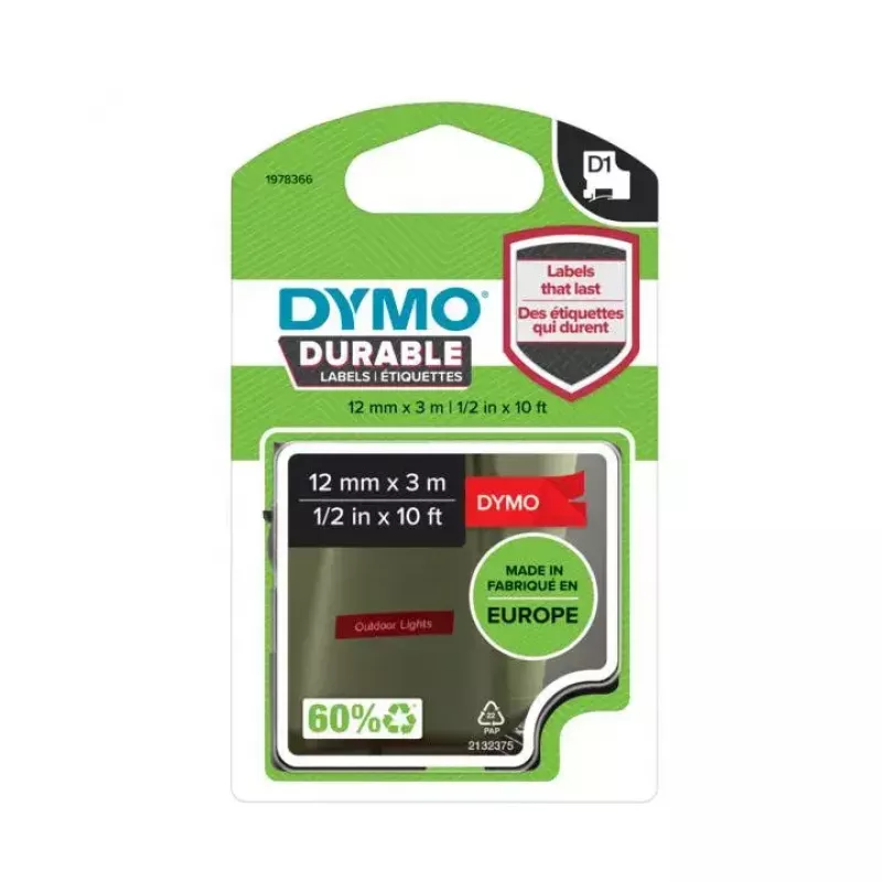 DYMO Authentic D1 patvarios etiketės | Juodas spausdinimas ant raudonos juostos | 12 mm x 3 m | Ženklinimo juosta, skirta LabelManager etikečių gamintojams