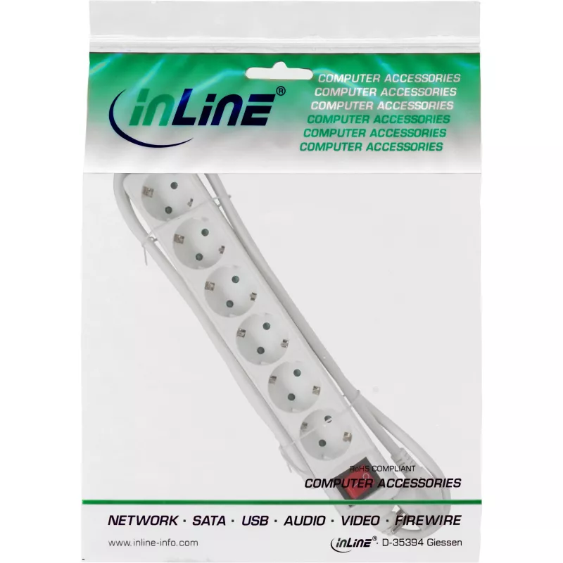 InLine kištukinis lizdas 16465S 6 krypčių su apsauginiu kontaktu CEE 7/3 baltas 5 m