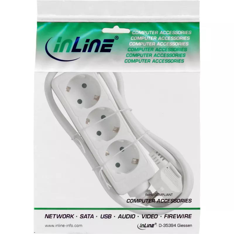 InLine kištukinis lizdas InLine 16433W 3 krypčių įžeminimo kontaktas CEE 7/3 baltas 3 m