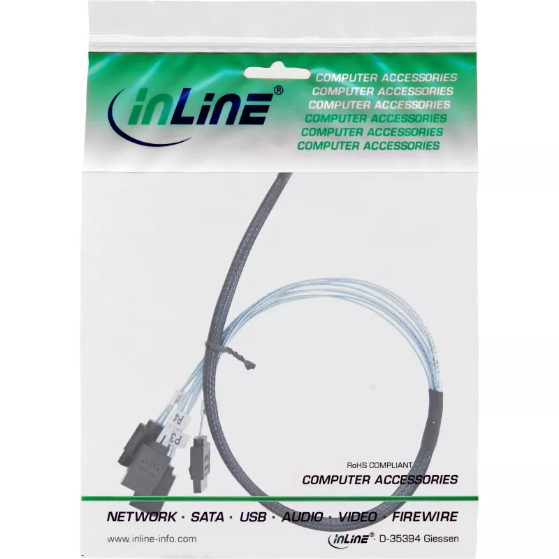 InLine plonas SAS kabelis, SFF-8654 į 4x SATA 7 kontaktų, 12Gb/s, 0,5m