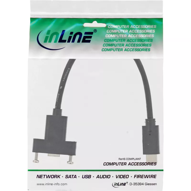 InLine USB 3.2 Gen.2 C laidas su kištuku / lizdu ir jungės tvirtinimu, juodas, 0,20 m
