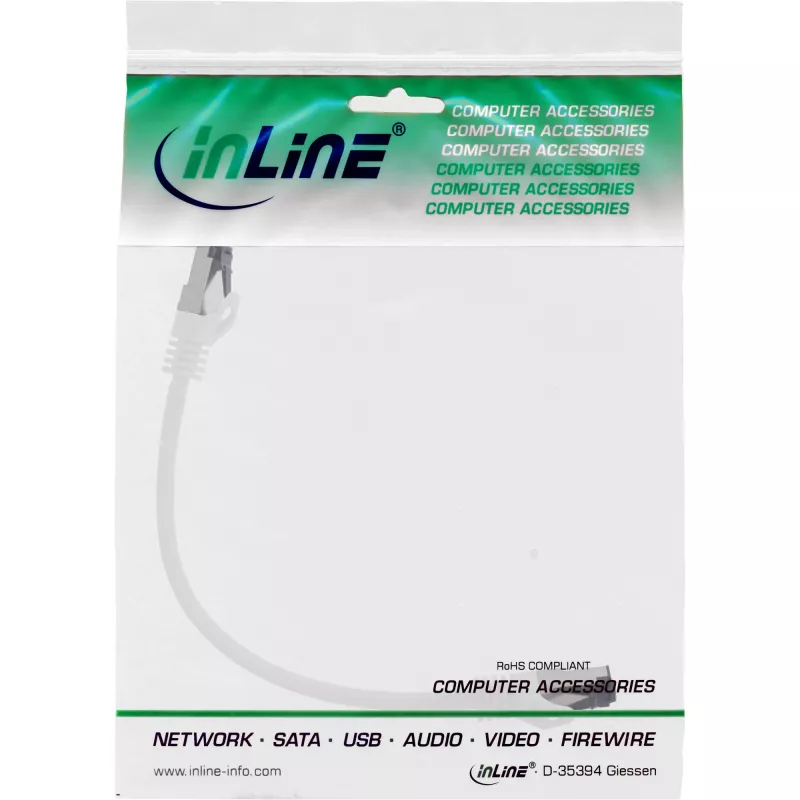 InLine komutacinis kabelis, S/FTP (PiMf), Cat.8.1, 2000 MHz, be halogenų, baltas, 0,25 m
