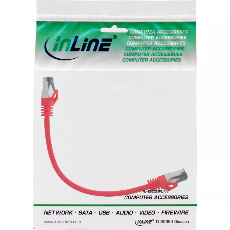 InLine komutacinis kabelis, S/FTP (PiMf), Cat.8.1, 2000 MHz, be halogenų, raudonas, 0,25 m