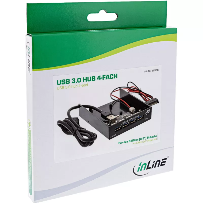 InLine 4 prievadų USB 3.0 skydelio šakotuvas, skirtas 3,5 colio diskelių įrenginio lizdui, juodas