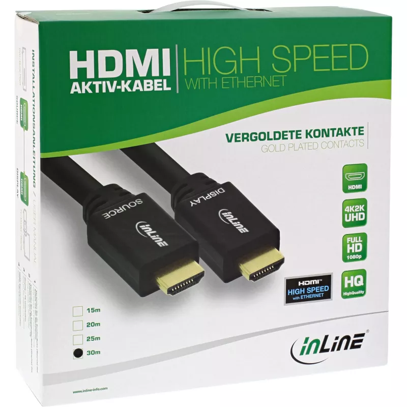 InLine High Speed HDMI kabelis su Ethernet, aktyvus, M/M, juodas, auksiniai kontaktai, 40m