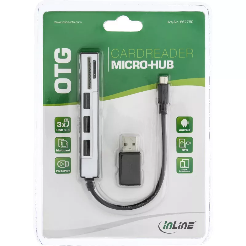 InLine USB OTG kortelių skaitytuvas ir 3 prievadų USB 2.0 šakotuvas, skirtas SDXC ir microSD + adapteris
