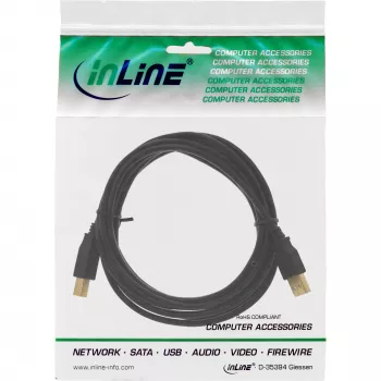InLine USB 2.0 kabelis, A tipo kištukas / B tipo lizdas, juodas, paauksuoti kontaktai, 0,5 m