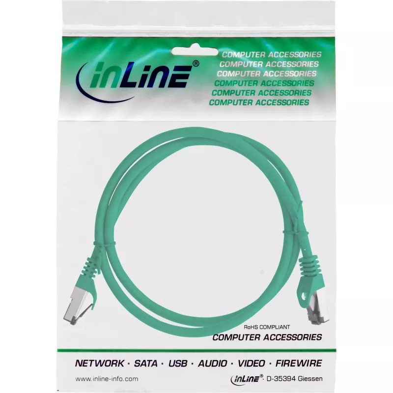 InLine komutacinis kabelis, S/FTP (PiMf), Cat.8.1, 2000MHz, be halogenų, žalias, 1m