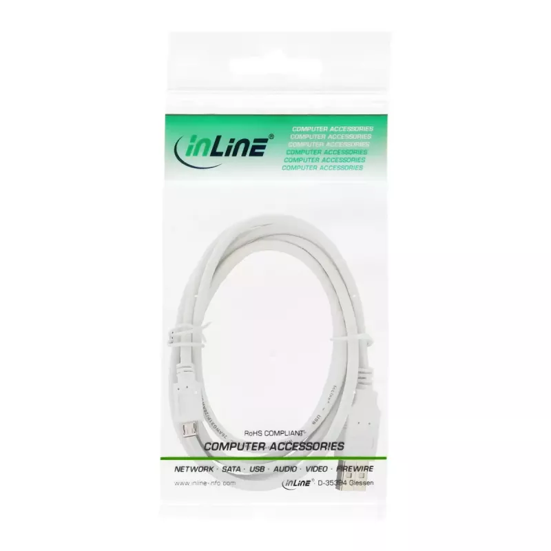 InLine Micro USB 2.0 laidas USB A tipo kištukas / Micro-B kištukas, baltas, 5 m
