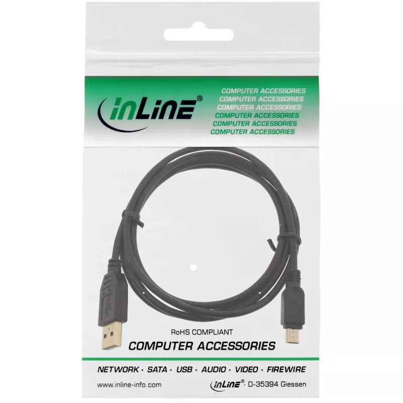 InLine USB 2.0 Mini laidas, A tipo kištukas / mini-B kištukas (5 kontaktų), juodas/auksinis, 2 m