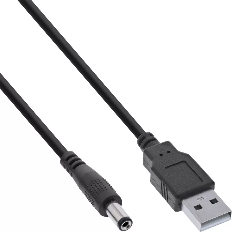“InLine” adapterio laidas, USB A kištukas -> DC 5,5 x 2,10 mm kištukas, juodas, 1 m