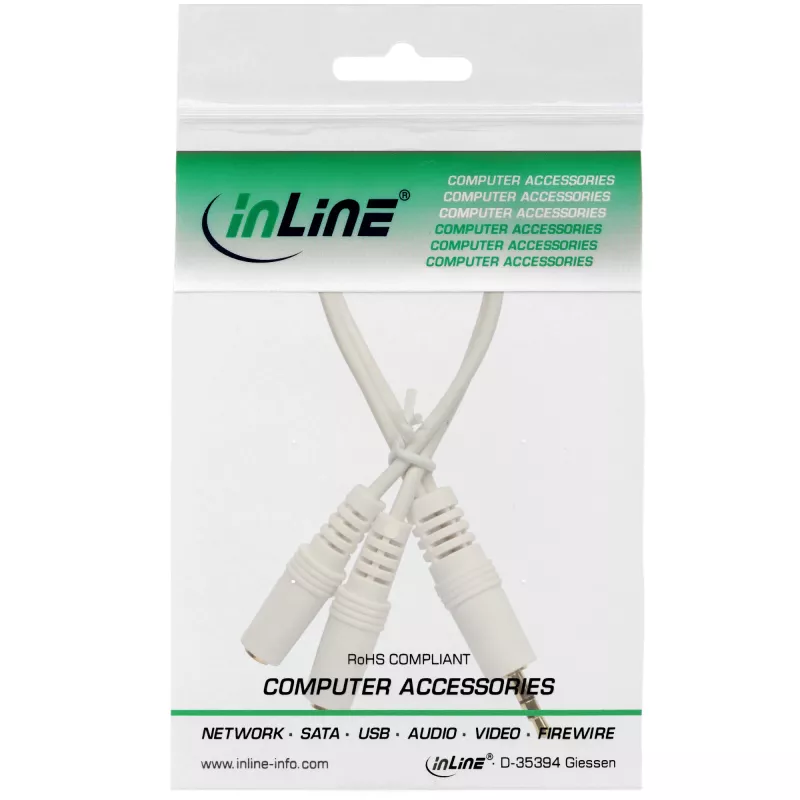 InLine stereo Y laidas 3,5 mm stereo kištukas į du 3,5 mm stereo lizdus baltas/auksinis, 0,1 m