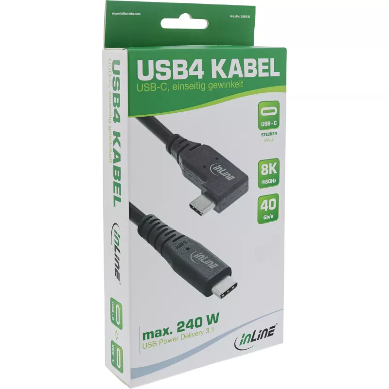 InLine USB4 laidas, USB-C, vienas kampinis, PD 240W, 8K60Hz, TPE, juodas, 2 m