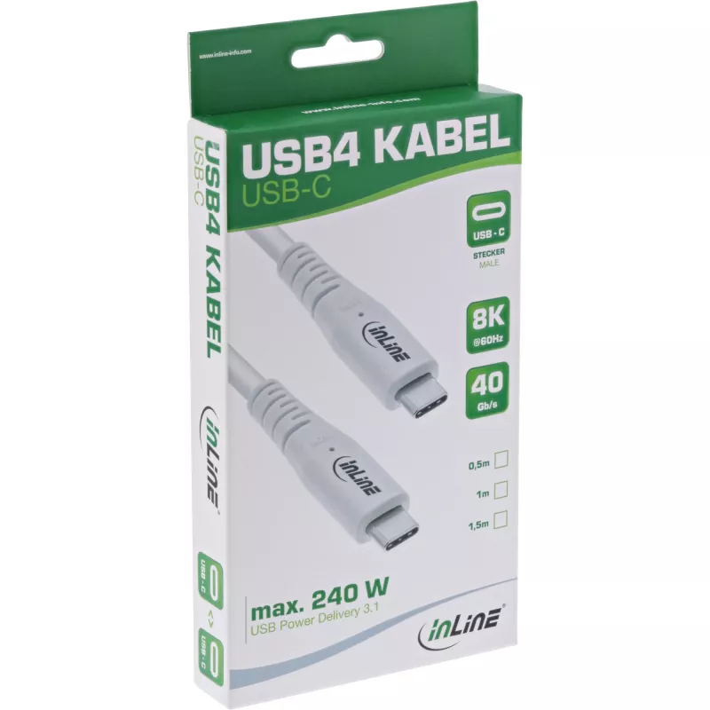 InLine USB4 laidas, USB-C kištukas/kištukas, PD 240W, 8K60Hz, TPE, baltas, 0,5 m