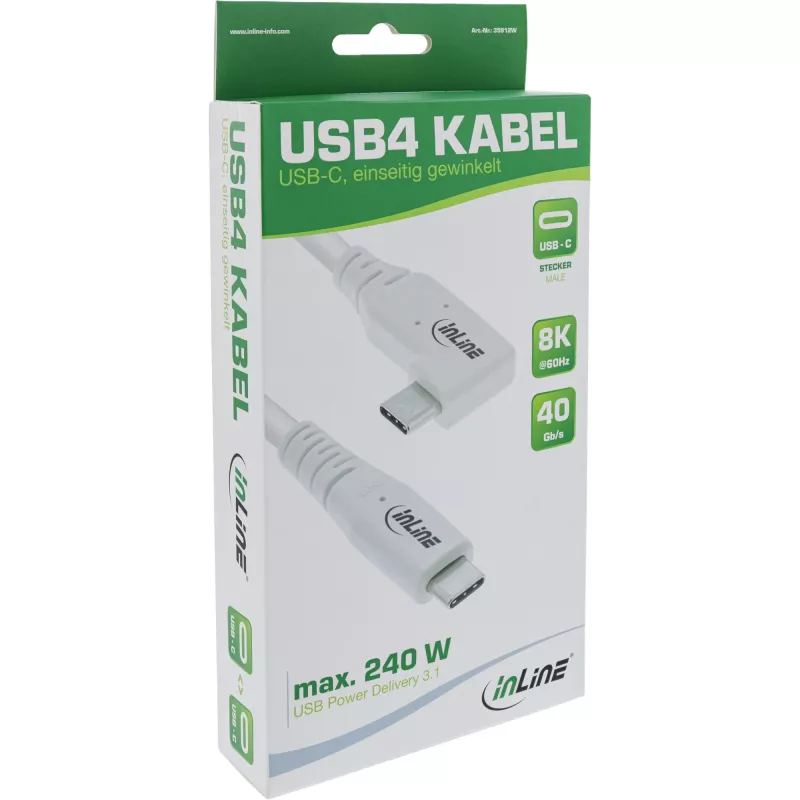 InLine USB4 laidas, USB-C, vienas galas kampinis, PD 240W, 8K60Hz, TPE, baltas, 1,5 m