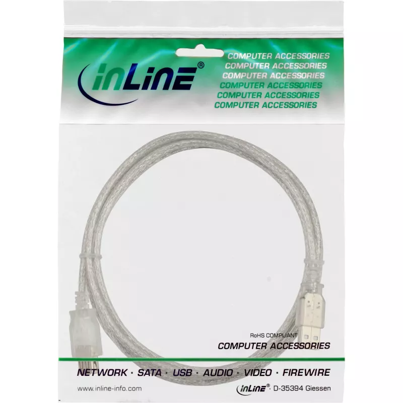 USB 2.0 ilginamasis laidas Type A V/K InLine 34618 2 m permatomas