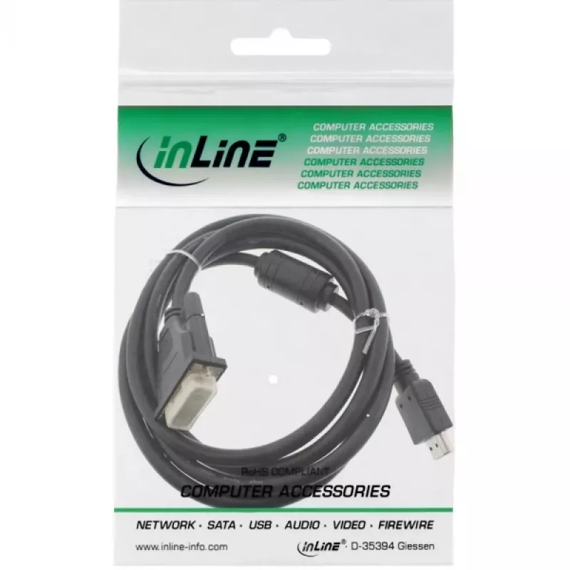 InLine HDMI-DVI laidas, 19 kontaktų kištukas / 18+1 kištukas + feritinis droselis, juodas, 1,8 m