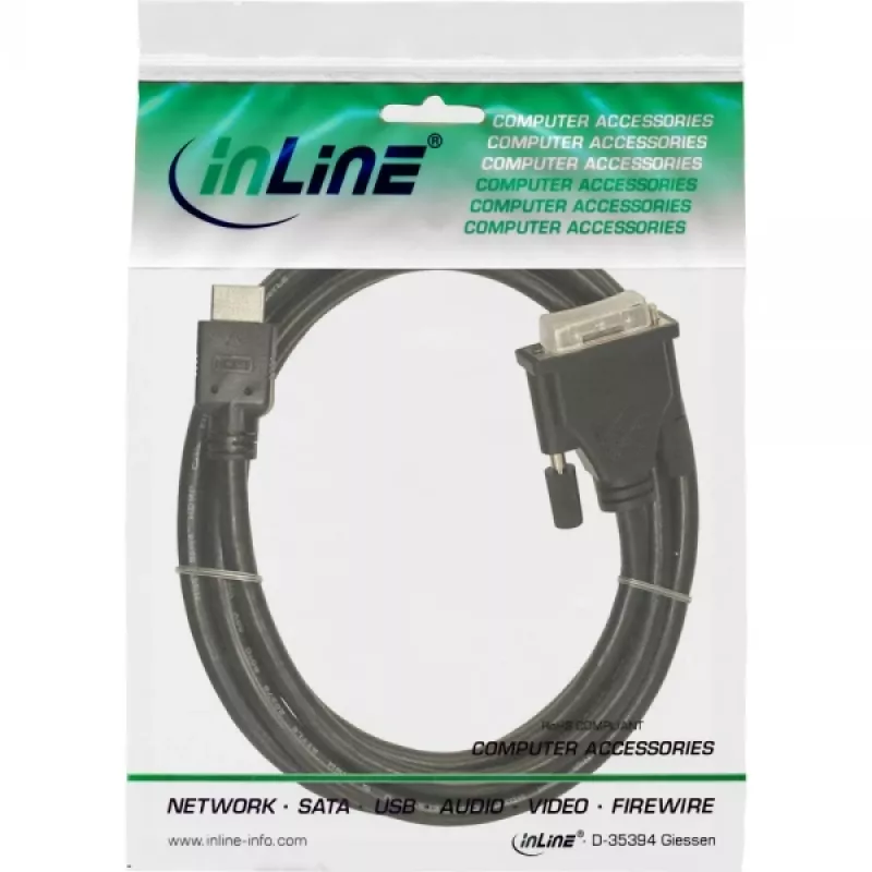 InLine HDMI-DVI laidas, 19 kontaktų kištukas / 18+1 kištukas + feritinis droselis, juodas, 5 m