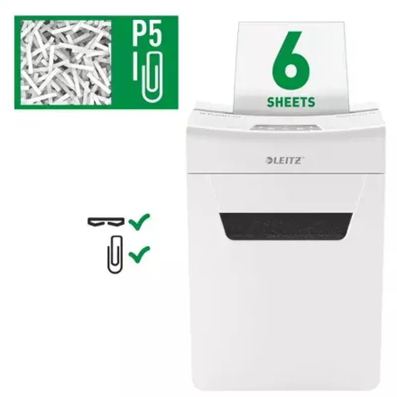 Popieriaus smulkintuvas LEITZ IQ Protect Premium 6M P5 — Mikro pjovimas, 18 l, Jutiklinis valdymas, 351×204×355 mm
