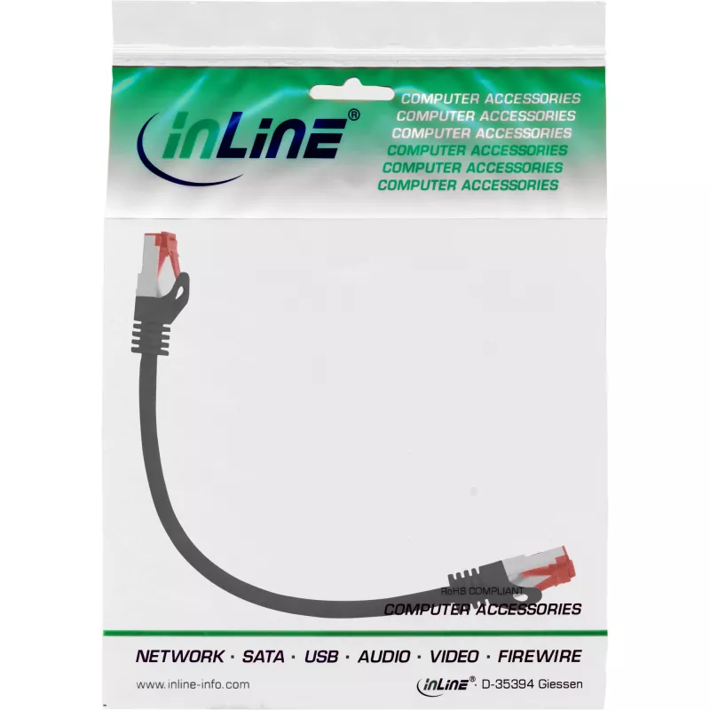 InLine komutacinis kabelis S/FTP PiMF Cat.6 250MHz PVC CCA Juoda 0.25m