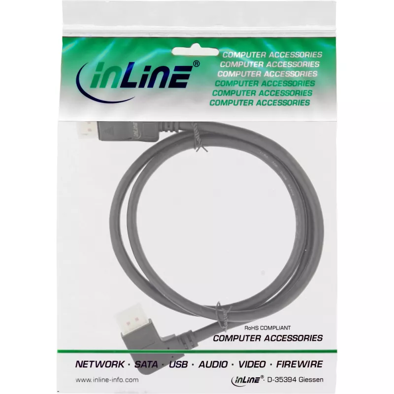 InLine DisplayPort 1.4 laidas, 8K4K, kairėje pusėje lenktas, juodas/auksinis, 5 m