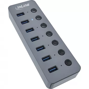 InLine USB 3.2 Gen.1 šakotuvas, 7 prievadų, su jungikliu, aliuminis, pilkas, su maitinimo bloku